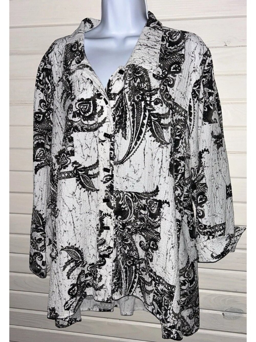 Habitat Sz MEDIUM Black White Gauzy Artsy Paisley Lagenlook Tunic *VGUC